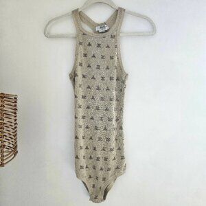 MAXMARA Sfilata Runway Ribbed Neutral Beige Logo Print Tank Bodysuit